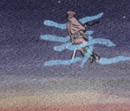 A man in a rain cape holding a staff floats across the dawn sky, accompanied by several blue, semi-transparent tube-shaped beings.