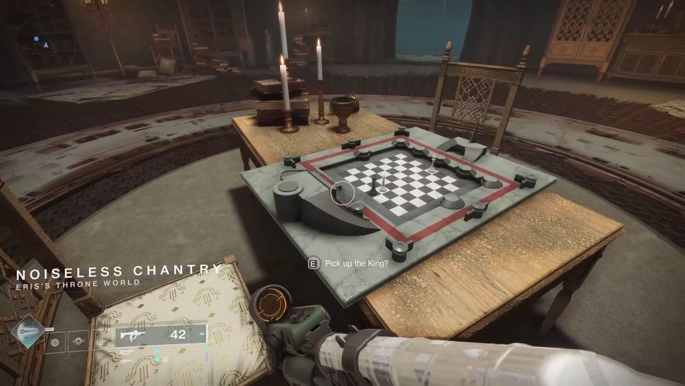 A room with a table, 2 chairs and an empty chess board. There is text to the left that reads "Noiseless Chantry, Eris's Throne World."