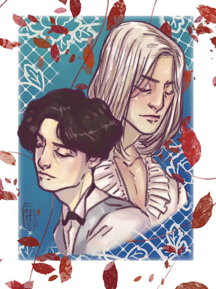 Romeo and Carlo’s face to shoulder bust, eyes closed looking ethereal on a blue gradient background with laced roses and red petals around them