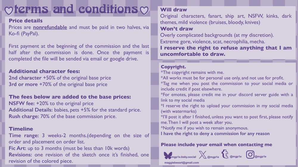 Commission sheet. Terms and conditions. 