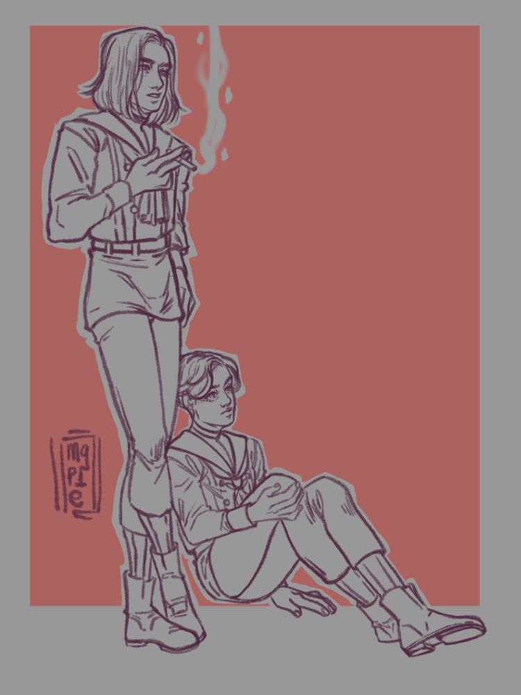 Doodle of Romeo and Carlo. 
Romeo is standing while smoking and Carlo is sitting down. Both wearing the monad charity house uniform.