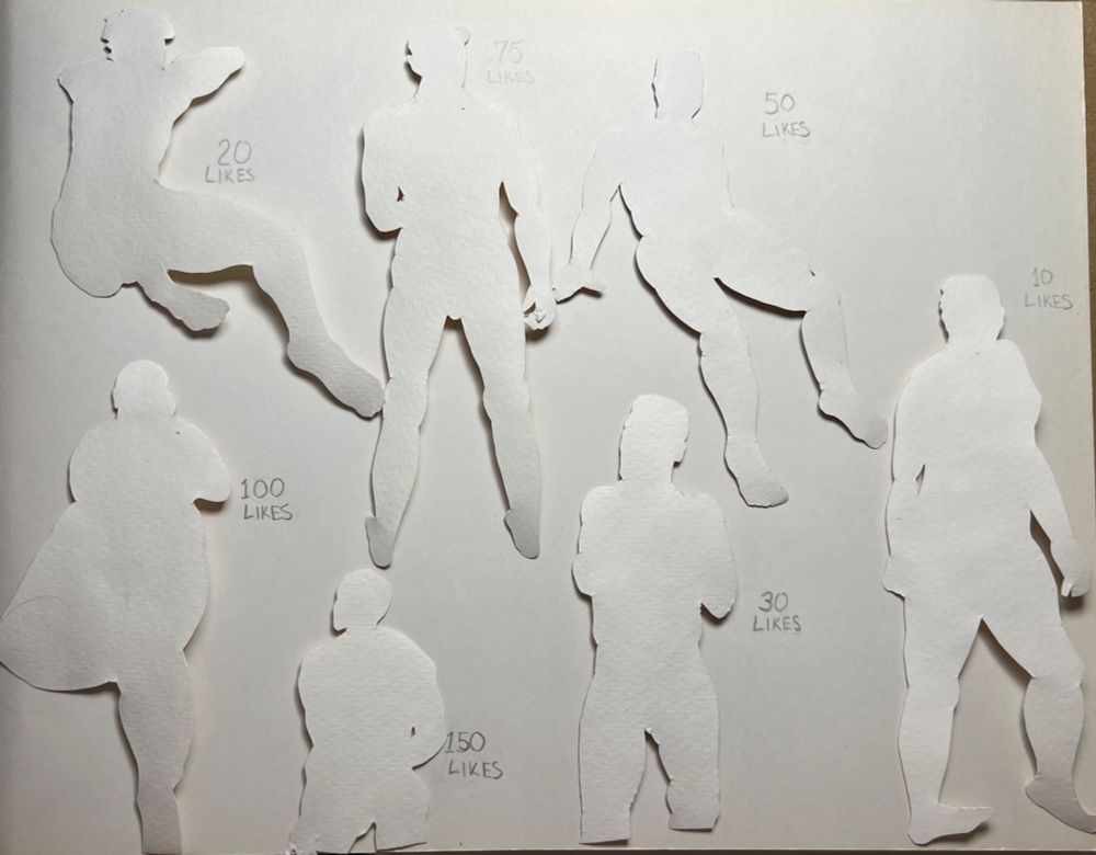 A blank sheet of paper with seven paper cutouts of male figures in silhouette. Next to each figure is an increment of likes (10, 20, 30, 50, 75, 100, 150) which will turn over the cutout and show the painting of the person underneath