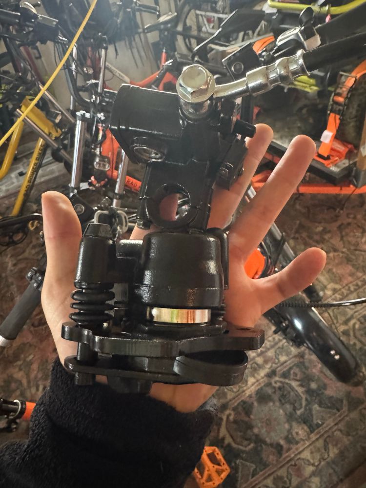 Huge brake caliper and lever held in hand 