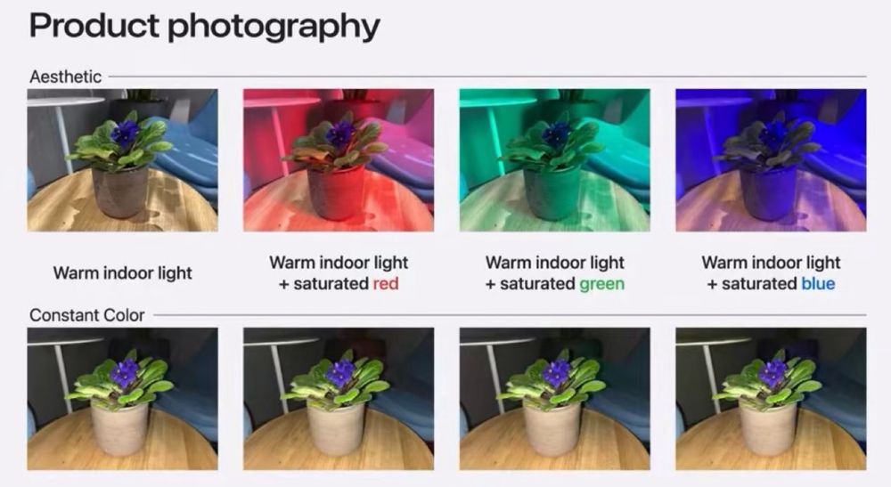 En haut, de gauche à droite, la photo de la plante avec une couleur intérieure chaude,  avec couleur ambiante rouge, avec couleur ambiante verte, avec couleur ambiante bleue.
En bas, de gauche à droite, le résultat avec API Constant Color. On a l’impression d’avoir la même photo à chaque fois. impossible de savoir comme cela laquelle a été prise sous quel couleur ambiante.