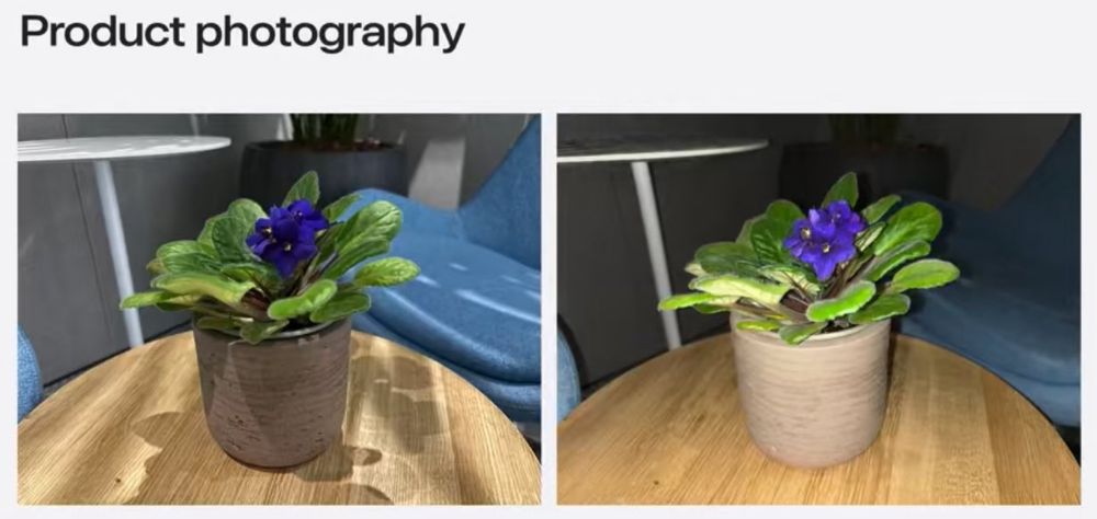 Sur la photo de gauche on voit une plante couleur violet avec des feuilles vertes dans pot en terre glaise dépose sur table basse de salon avec les ombres de la fleur sur la table, en arrière plan, sur la droite un fauteuil de salon de couleur bleu, à sa gauche, un grand pot de fleur avec les tiges des fleurs que l’on voit dedans. À sa gauche une table ronde  blanche, et le bout d’un autre fauteuil de salon, également bleu.

Sur la photo de droite, la même photo mais avec l’utilisation de l’API Constant Color. 
Plus d’ombre de la plante sur la table basse. Le pot en terre glaise apparaît bien plus clair par rapport à la photo de gauche où il avait l’air brun foncé.
Le fauteuil bleu dans le fond est bien moins brillant que sur la photo de gauche.