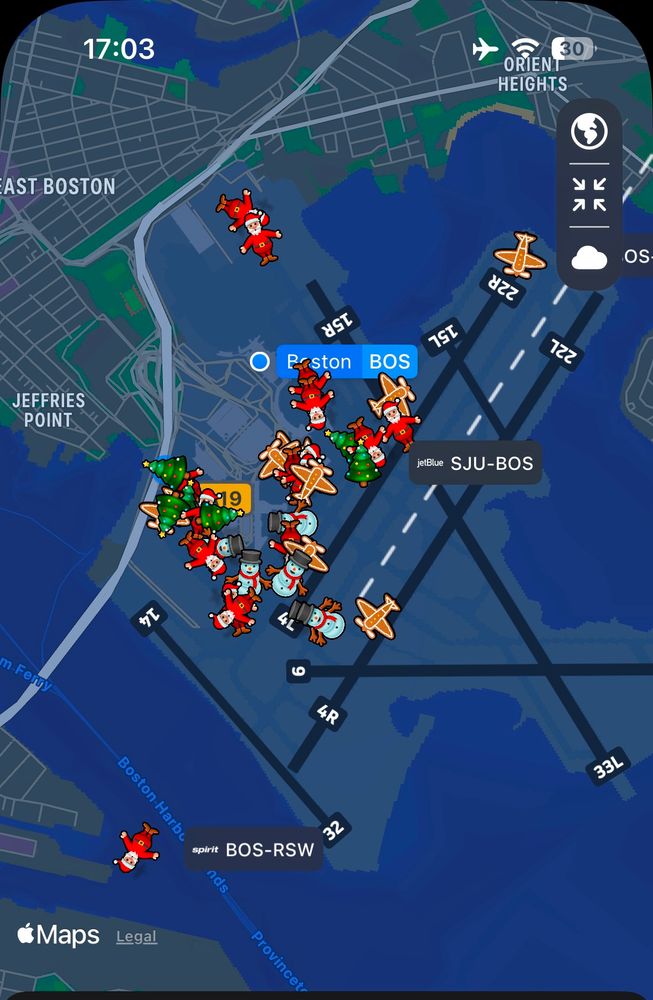 Flighty iOS app for flight tracking shows reindeer’s and gingerbread men instead of airplanes at BOS airport