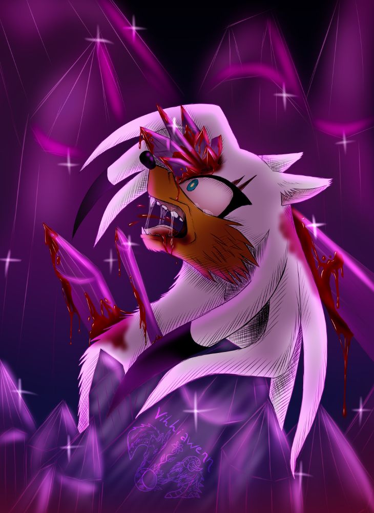 Sonic OC impaled on a bunch of amethyst crystal