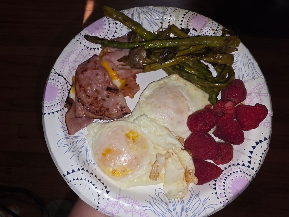 A breakfast of ham, eggs, cheese, mushrooms, and raspberries to start of my day. 