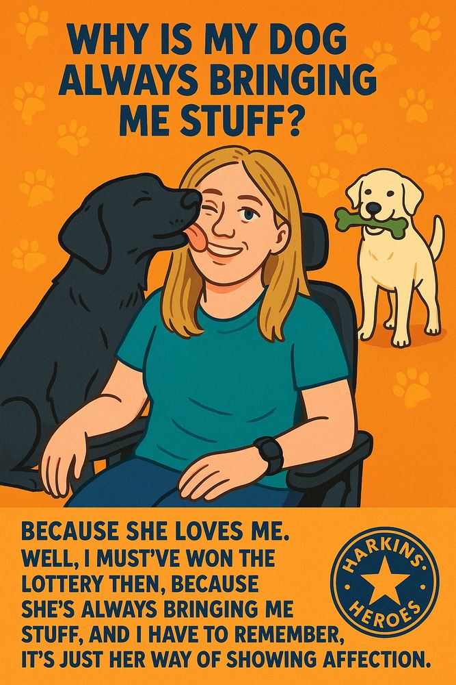 A warm, illustrated digital poster titled “Why is my dog always bringing me stuff?” features a smiling woman with dirty blonde hair and blue eyes sitting in a power wheelchair. She wears a teal shirt and a black wristwatch. A black Lab-Golden Retriever mix lovingly licks her cheek. In the background, a yellow dog holds a green toy bone. The background is orange with paw prints. Text at the bottom reads: “Because she loves me. Well, I must’ve won the lottery then, because she’s always bringing me stuff, and I have to remember, it’s just her way of showing affection.” The bottom right corner displays a circular badge labeled “Harkins Heroes.”
