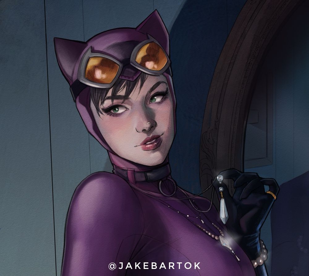 Catwoman in her purple suit looking over her shoulder as she tries on stolen jewelry. 