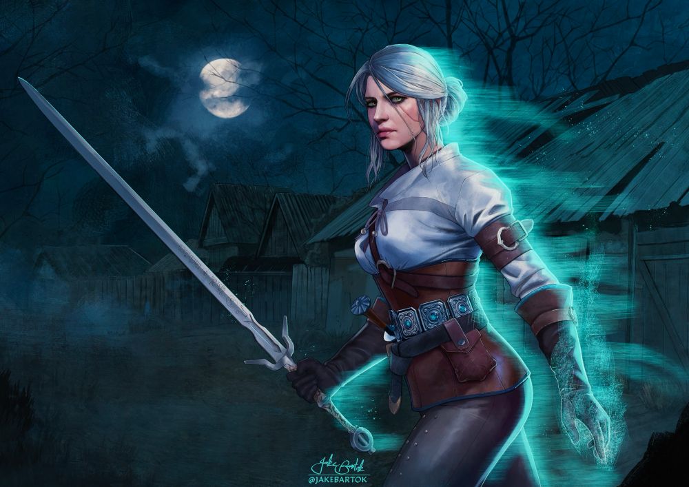 Ciri from the Witcher standing with sword drawn lit by her magic energy. She stands in a foggy ramshackle village at night. 