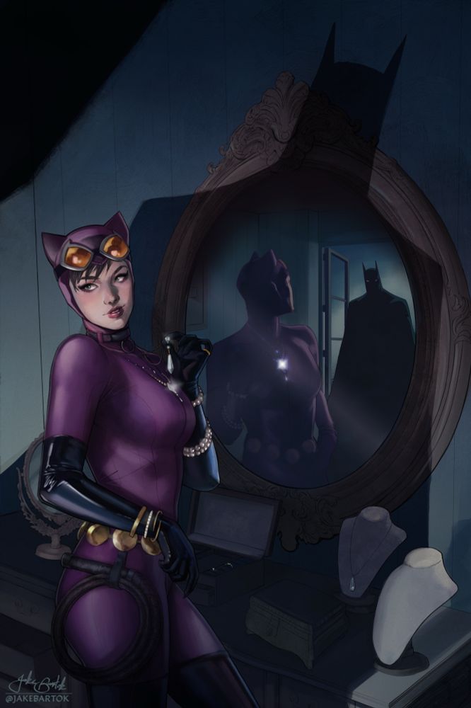 Catwoman is standing before a mirror, in the middle of stealing jewellery. Batman’s shadow is cast over her and we see Batman in the reflection of the mirror. 