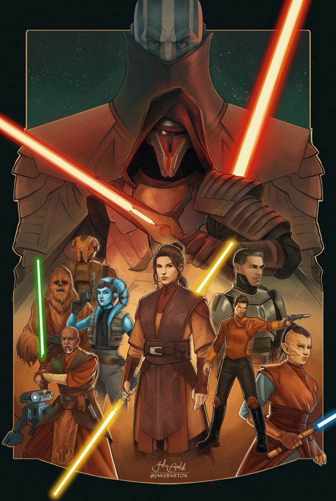 An illustration featuring characters from the Knights of the old republic video game. Revan and Malak loom over the heroes with Bastila in the centre ringed by other party characters 