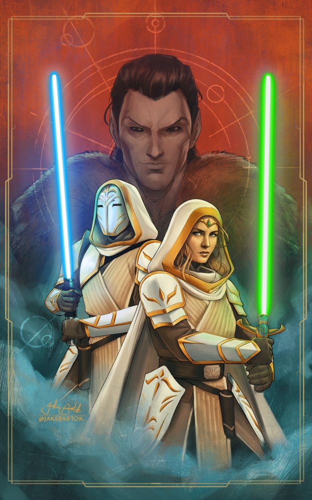 Avar Kriss and Elzar Mann pose heroically, lightsabers ready and dressed in their luminous armor as marchion ro looms in the background. 