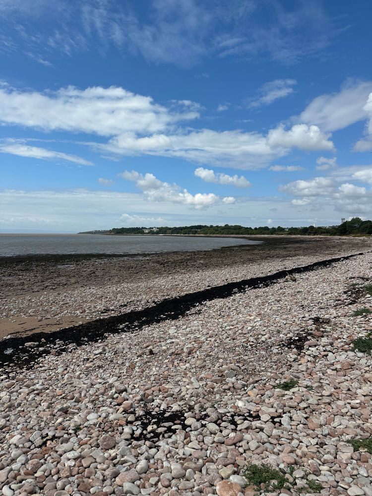 Sully beach. A sweep of stony foreshore, with Hayes Point in the distance.