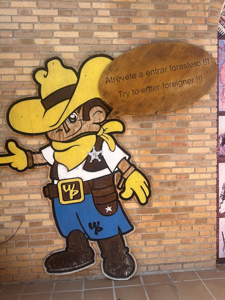 A picture of a cartoon cowboy mounted on a brick wall. There is a speech bubble which reads: Try to enter foreigner!!!