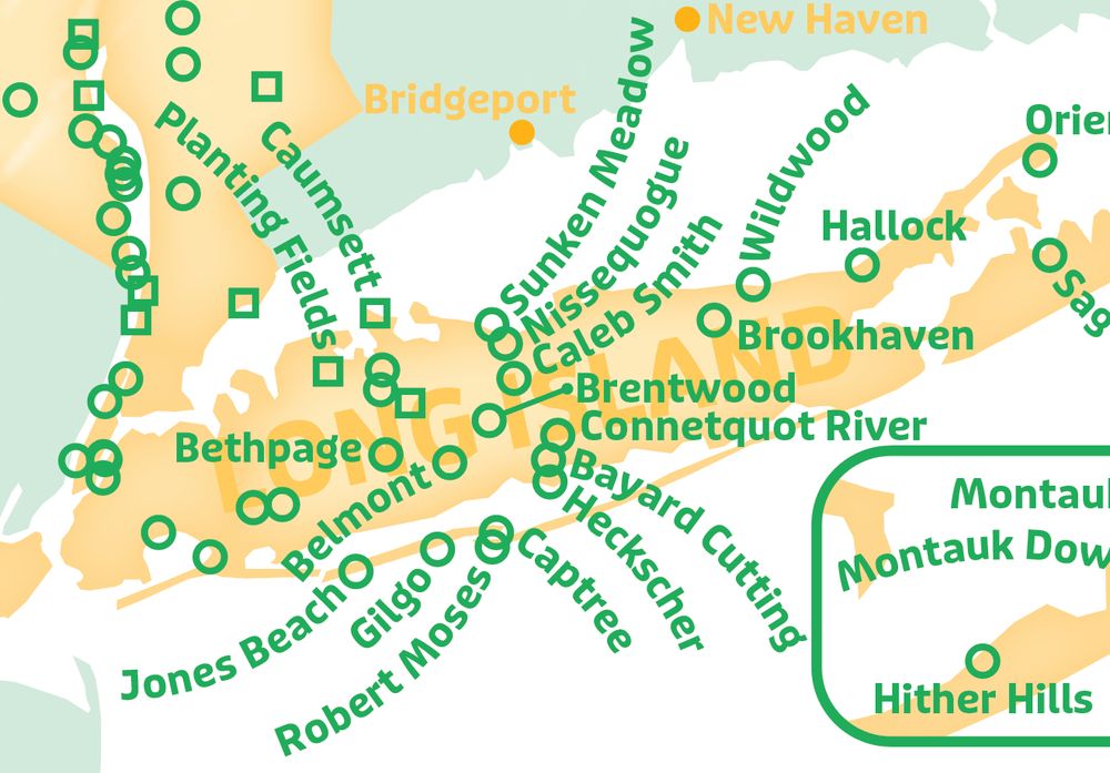 A map of Long Island NY with green labels and markers over orange land. The labels are dense and often curved to fit.