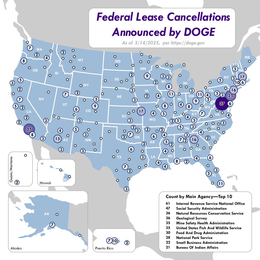 A blue and grey map of the United States and territories showing the number and location of federal lease cancellations, using proportional circles and number labels.