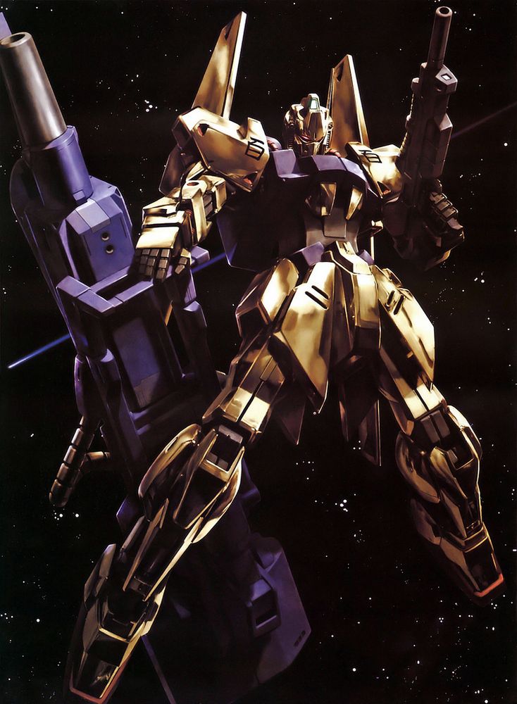 Golden robot in space holding gun