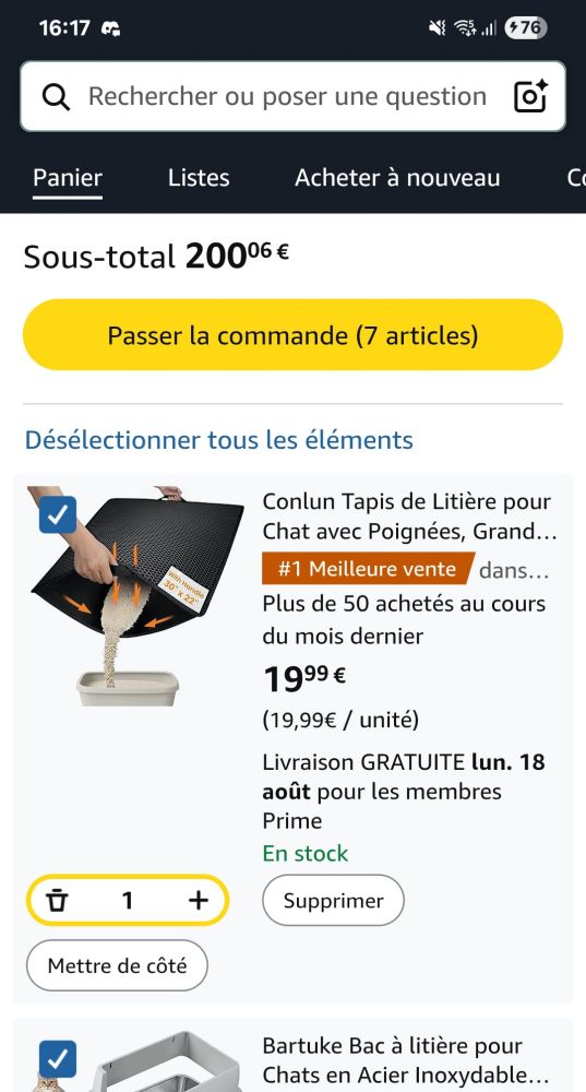 Capture d'écran d'achats Amazon pour un total de deux cent euros