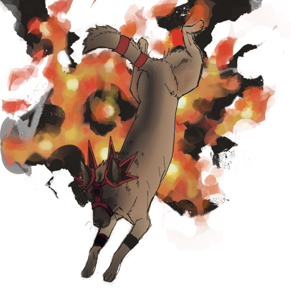 A sketch of a stylized Malinois dog wearing a costume in the style of Bakugou from "My Hero Academia". The dog is leaping towards the viewer and away from an explosion. 