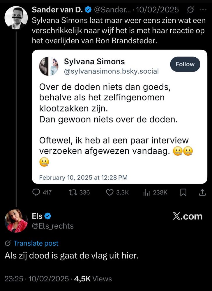 Post van Sylvana Simons van 10 februari nav het overlijden van Ron Brandsteder, met een reactie van Els_rechts "Als zij dood is gaat de vlag ut hier."