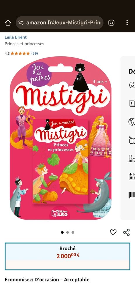 Annonce pour un joli jeu de mistigri proposé à 2000€ (il en valait 5 à sa sortie)