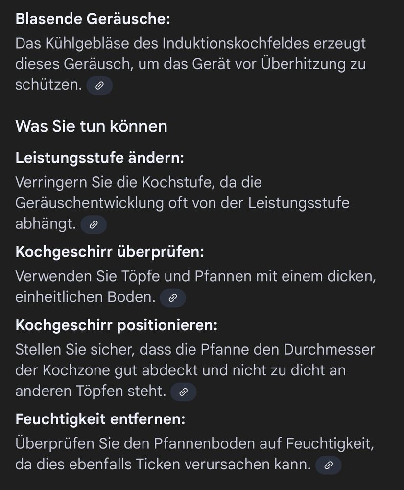 Hintergründe und mögliche Lösungsansätze bei lauten Geräuschen im Zusammenhang mit Induktionsherden, eine Liste erstellt von Gemini. 