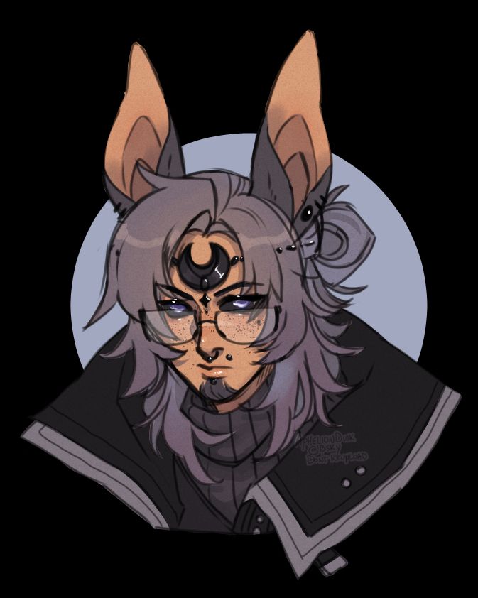 A bust illustration of my persona oc Apolune. This iteration of them has large bat-like ears and soft mauve/purple hair in a half-bun and eclipse-inspired eyes.