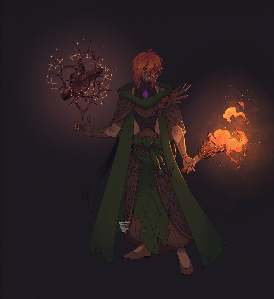 A fullbody illustration of a human druid Dungeons and Dragons player character, he's sternly wielding a star map and a torch.