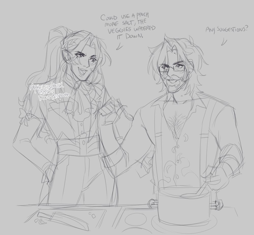 A sketch scene of Kasparian and his husband Atomir. Kasparian is on the right, holding a now-empty spoon, having offered it to his husband, asking "Any suggestions?" to which Atomir, left, cheerfully responds "Could use a pinch of salt, the veggies watered it down." He's standing with his hand on his hip as he offers his opinion.