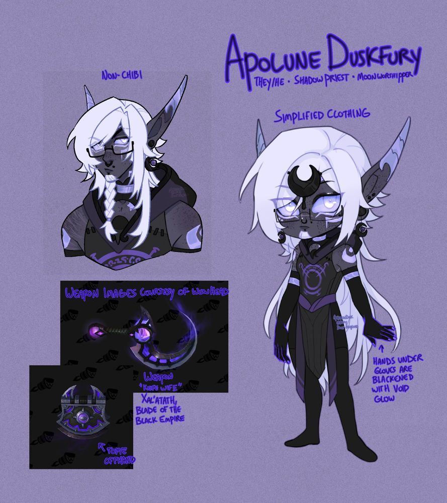 A small reference page of my sona Apolune. On the top left is a shoulder-up bust of him, below it are two screenshots from Wowhead of his weapons, and on the right is a chibi of him.