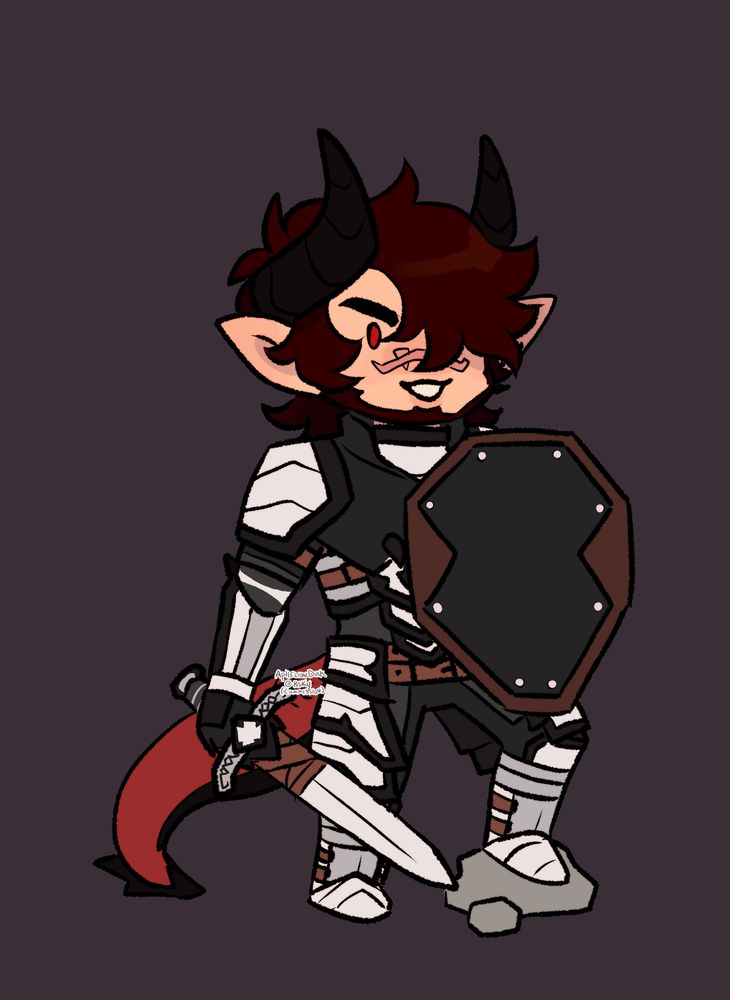 Simple chibi sketch of a half-dragon knight, one foot propped up on a rock, holding his shield valiantly to his chest while the other holds his sword at the ready.