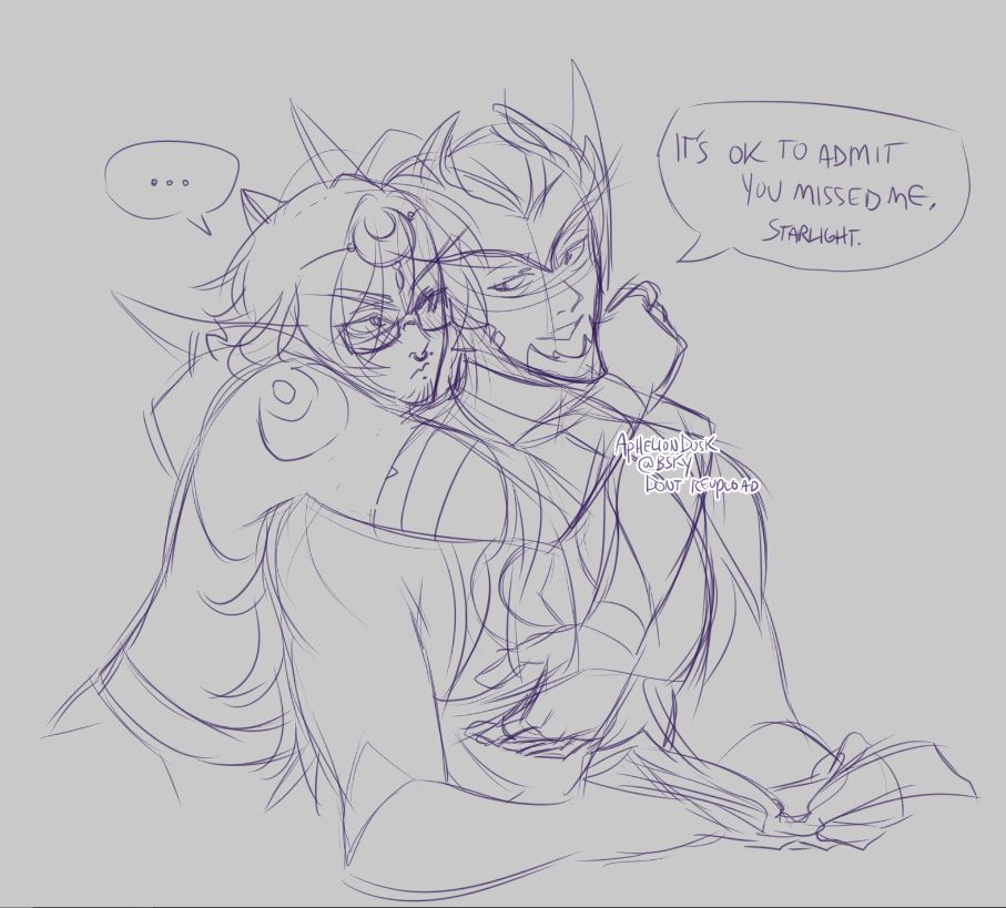 Really messy sketch of my Nightborne priest oc Apolune hugging Silgryn from behind with a stubborn look on his face. Silgryn is lowering his book, giving Apolune a knowing smile, saying "It's ok to admit you missed me, Starlight."