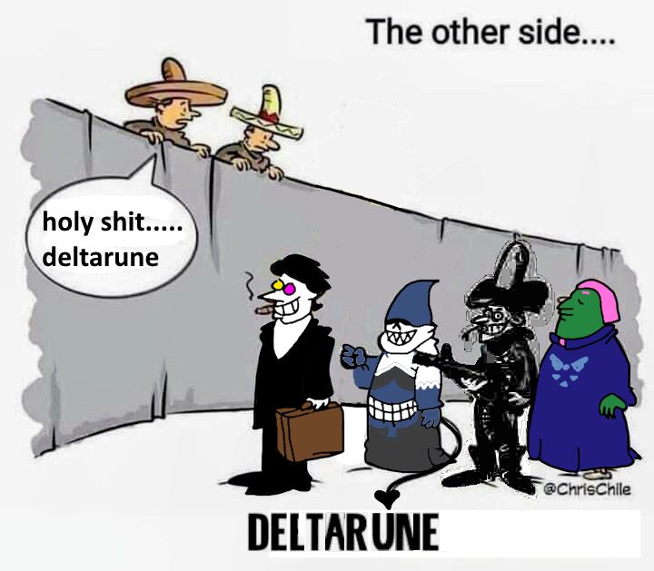 a political cartoon edited to have deltarune characters. two people look over a wall and say "holy shit..... deltarune" as they gawk at spamton, king, friend inside me, and alvin. text below has also been edited to read "deltarune".