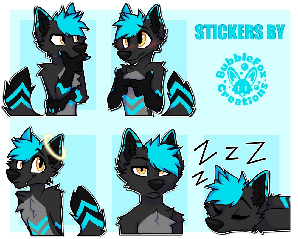 Telegram Stickers of a black and blue anthropomorphic Coyote OC. Top expressions: Thinking with hand on chin, blushing with fingers touching/nervous. Bottom expressions: Innocent with a halo, Unimpressed/Irritated, sleeping with ZZZ's around it.