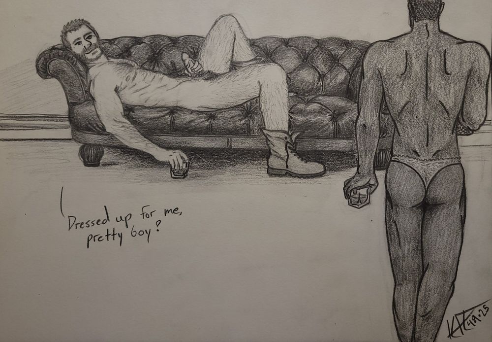 Price lounging on a leather couch stroking himself. Gaz in panties coming in with more alcohol. 