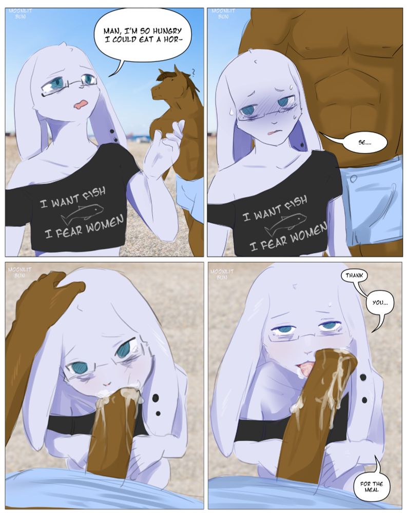A 4 panel comic, the dialogue reads:
"Man, I'm so hungry, I could eat a hor-"
"se..."
-
"Thank " "you " "for the meal"