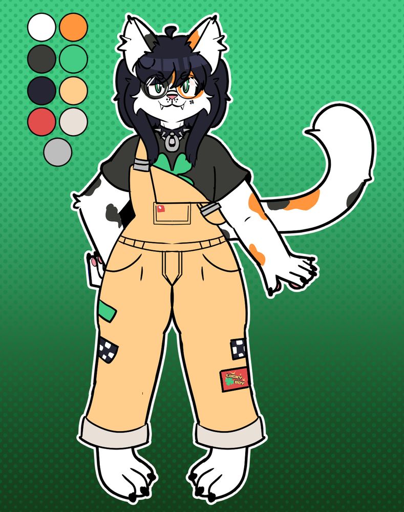 front-facing full body reference of a calico cat furry wearing overalls with a four leaf clover motif