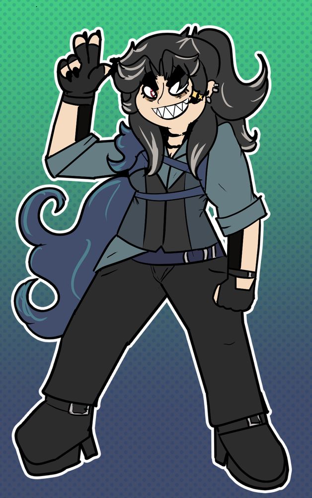 full body art of a character doing a peace sign while wearing a strappy vest and dark pants and boots, ft. daryl woods