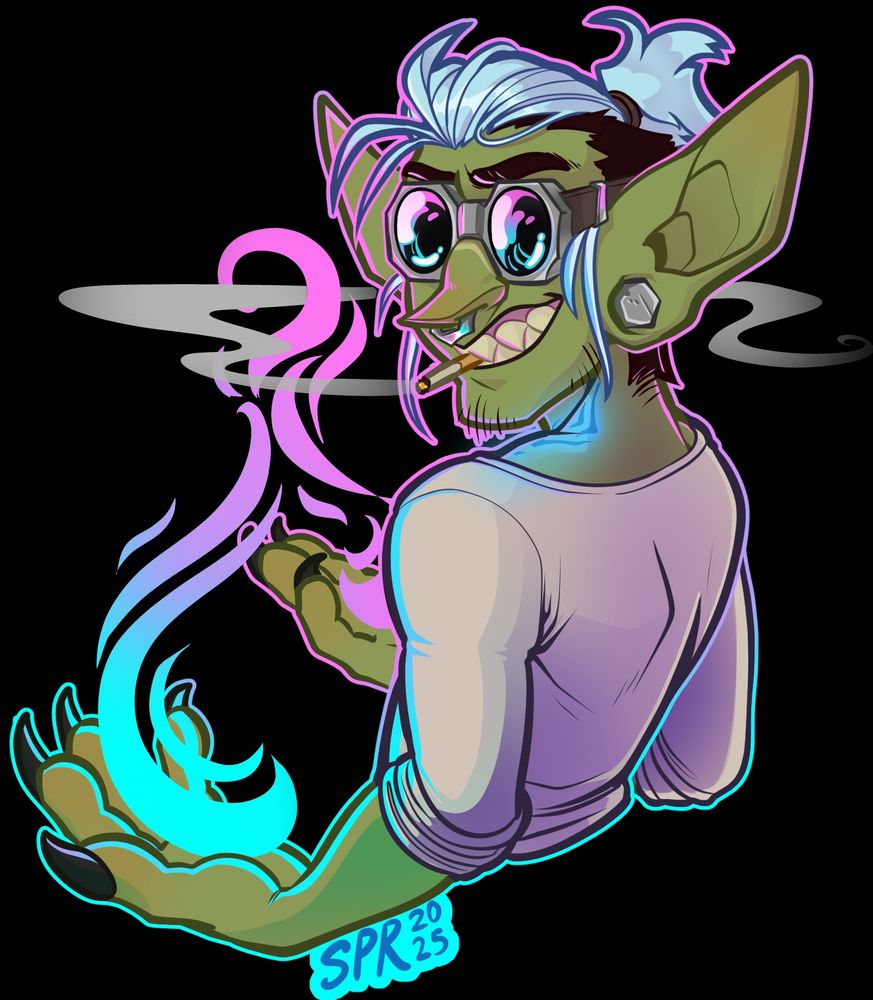 A Goblin smoking and looking over his shoulder. Cold colour magic in one hand blends to a sharp, warm, colour magic in the other.