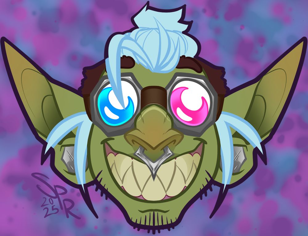 A goblin wearing goggles giving a giant, toothy, smile. One goggle lens is cold coloured, the other is warm coloured.