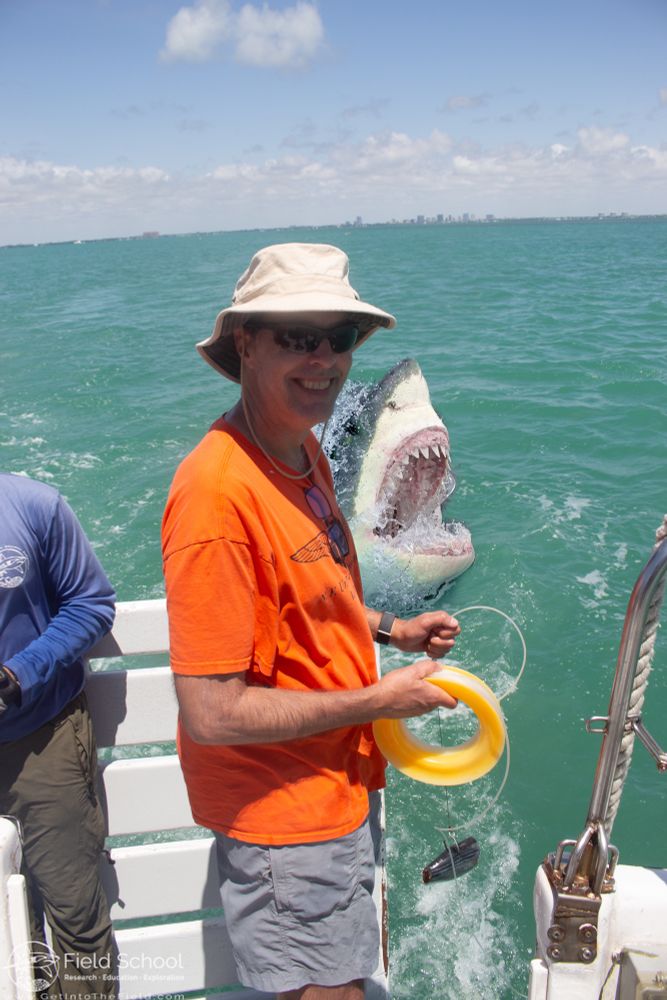 Image of a person in an orange shirt, sunglasses, and tanned hat, holding a spool of line with a hook at the end, with a fish head as bait. Behind him is an expanse of blue-green water. Someone has photoshopped in the shark from jaws erupting from that water.