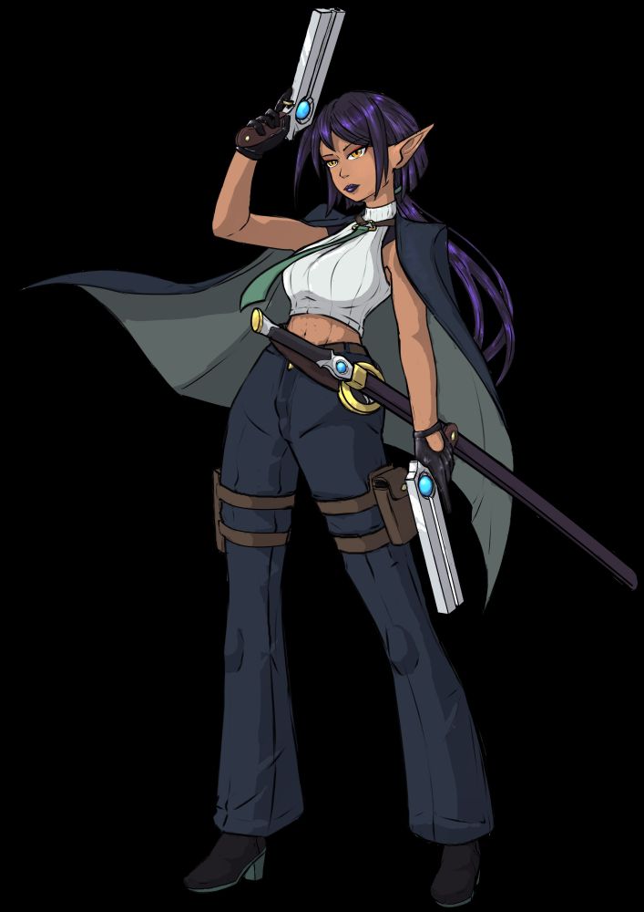 A tall, tanned eladrin woman with black hair pulled back into a ponytail. She wears loose dress pants, short boots with a thick heel, and a white backless sleaveless turtleneck. Over these she has a dark cape flaring around her that is the same color as her pants, and strapped to her waist is a sheathed katana. In each gloved hand she holds a magical handcannon, each with a glowing blue orb instead of a revolving chamber.