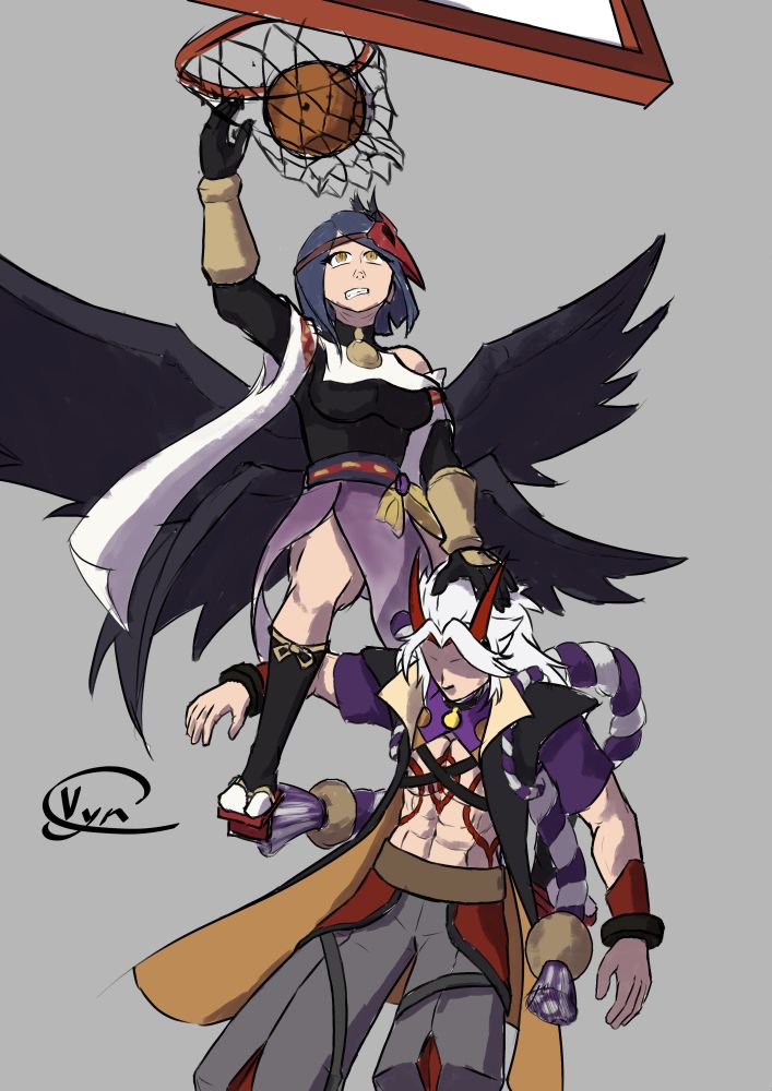 A blue haired woman with crow wings, flowing garb, and a determined expression absolutely dunking on a muscular white haired man with red horns, a long jacket, and braided ropes tied around himself.