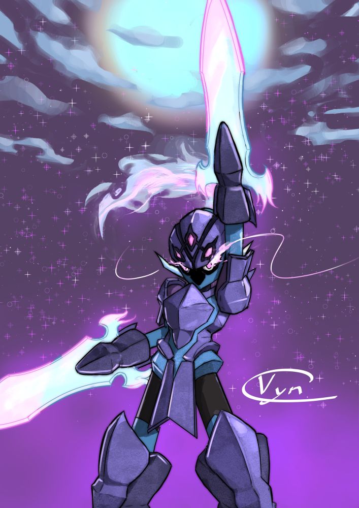Ceruledge from Pokemon (a black and blue creature with purple armor and pink/blue flame swords on its arms, raises one of its arms to the night sky, a pale blue moon glowing behind it.