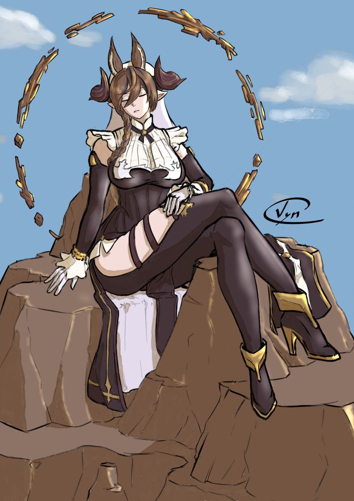 A curvy, feminine figure with closed eyes reclines on a rock pillar. She wears mostly brown and white robes with gold accents and jewelry. She has pointed ears, forward curving horns, and a pair of horse ears atop her head, and brown hair pulled into a side braid. A circle of stone and golden gems floats behind her, contrasted against a bright blue sky.