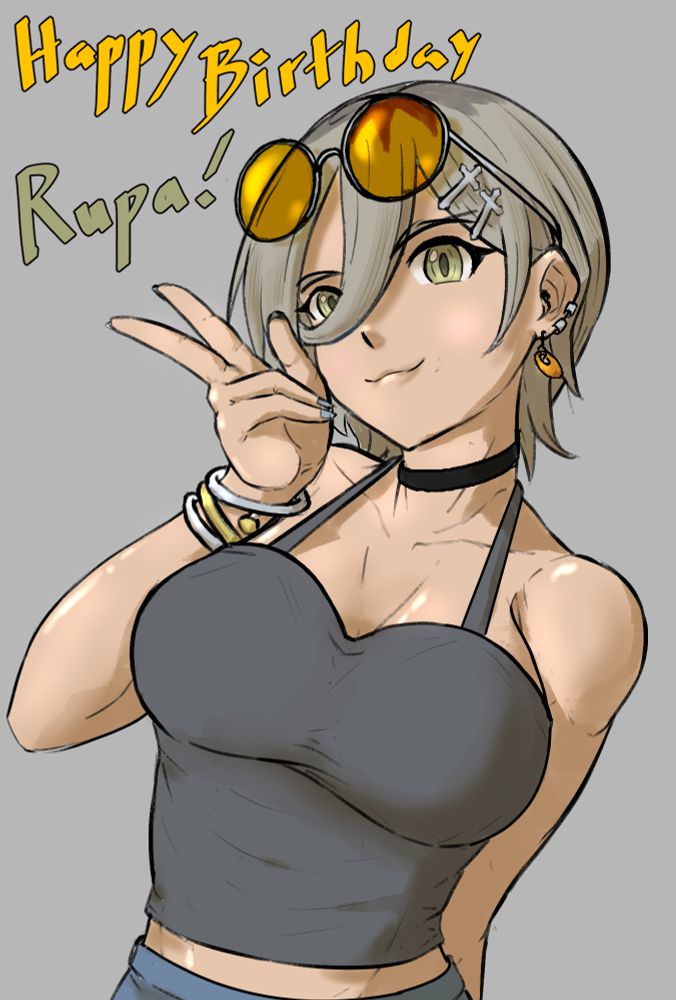A smug girl with light beige hair and olive eyes striking a peace sign. She's wearing multipl piercing, some bracelets, a dark grey tanktop, a black choker, and orange sunglasses.