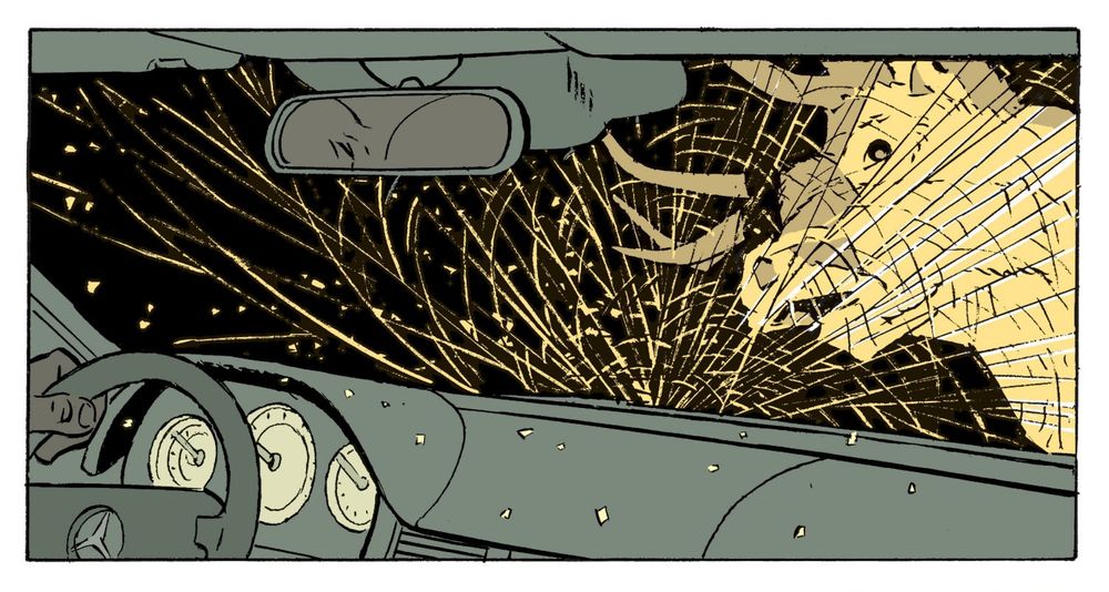 Case du tome 29, Perpétuité, de Jérôme K. Jérôme Bloche. Depuis l'intérieur d'une voiture qui percute un cerf, par brise brisé.