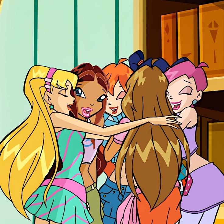 Winx club having a group hug, all smiling and happy! 